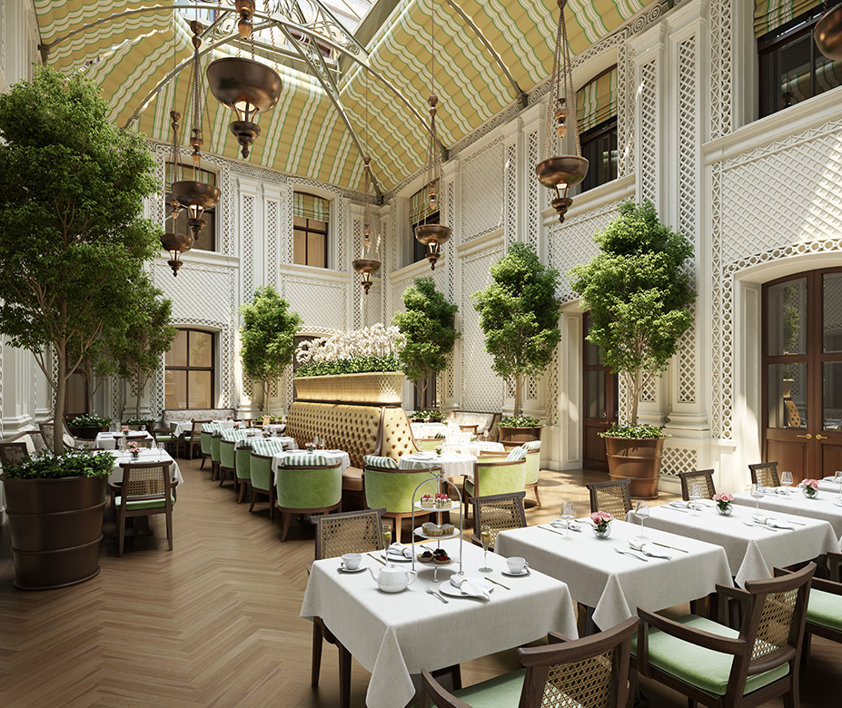 Saison餐厅——位于装修一新的中庭——伦敦OWO莱佛士酒店